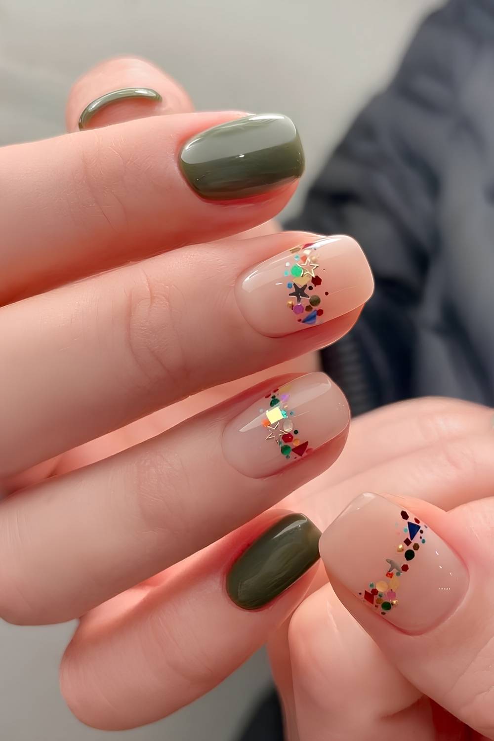 Green nails with chunky glitter accent