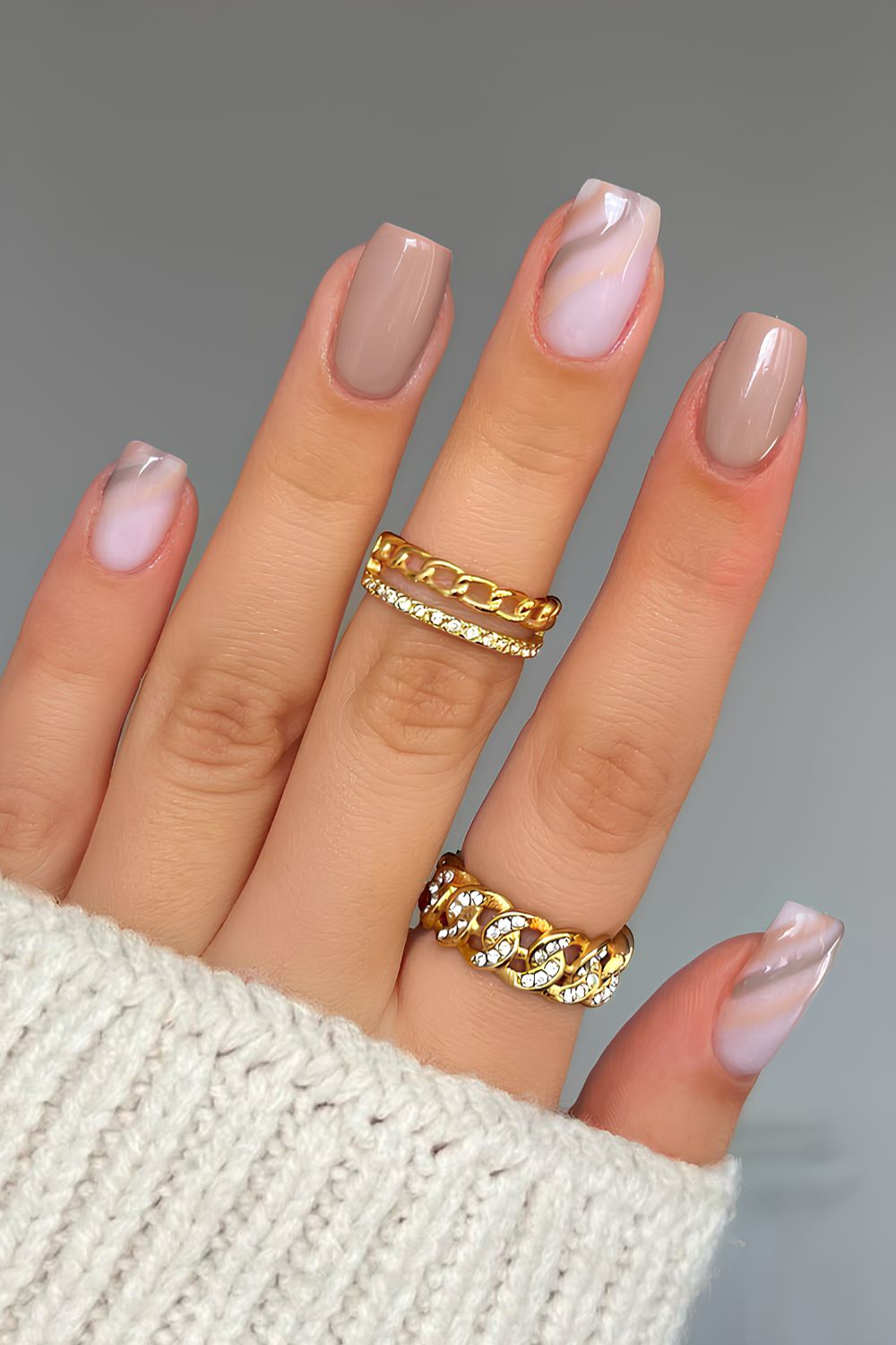 Greige mani with accent swirl art