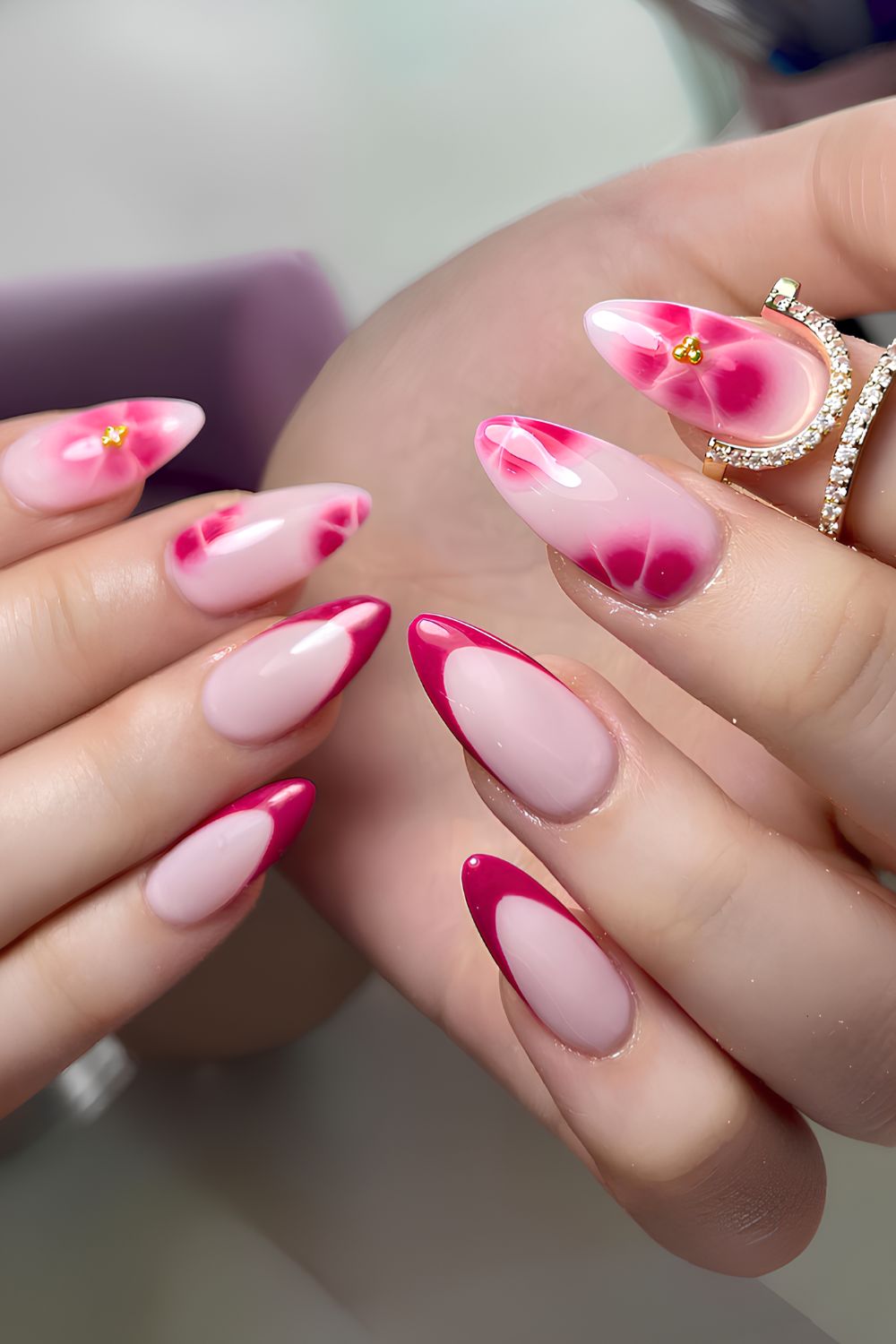 Hot pink French mani with blooming gel flowers