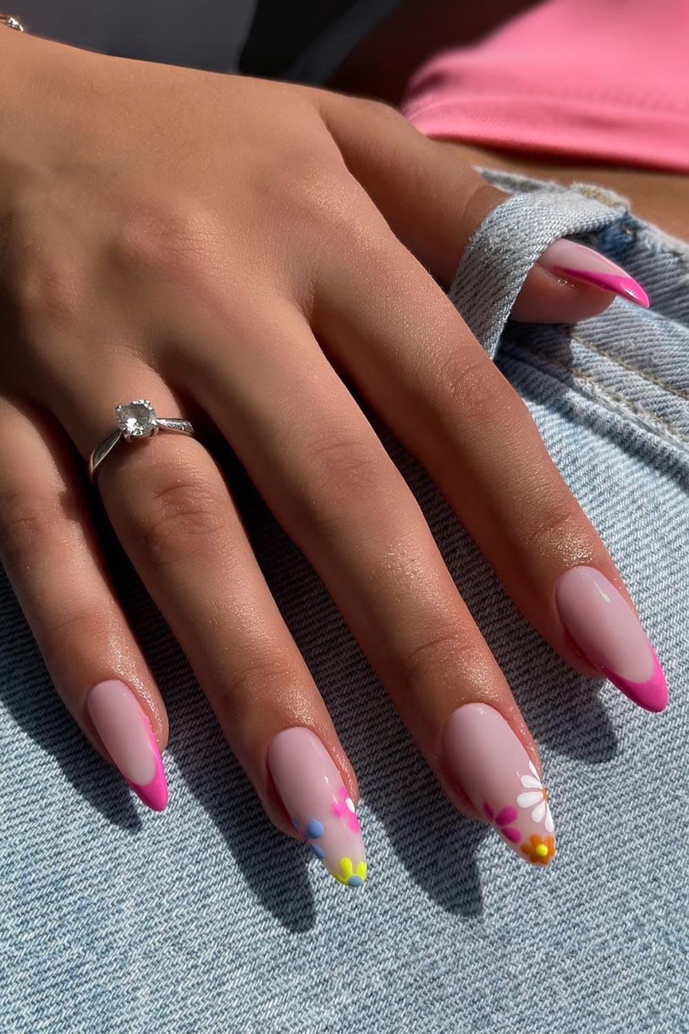 Hot pink French nails with flowers