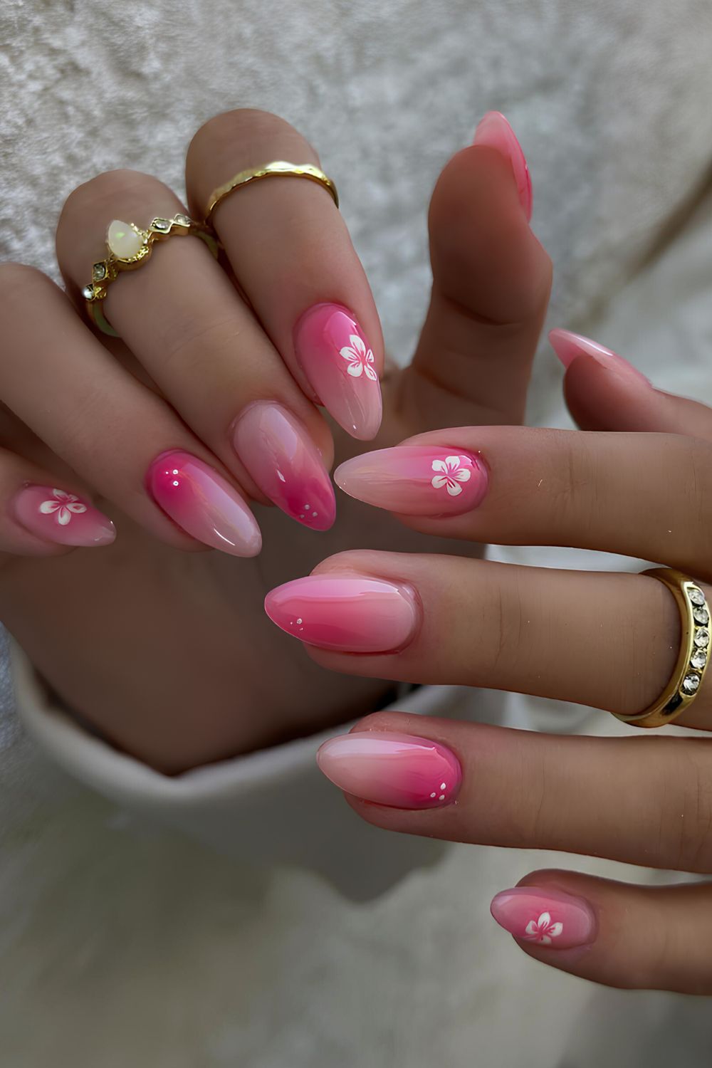 Hot pink gradient nails with hibiscus art