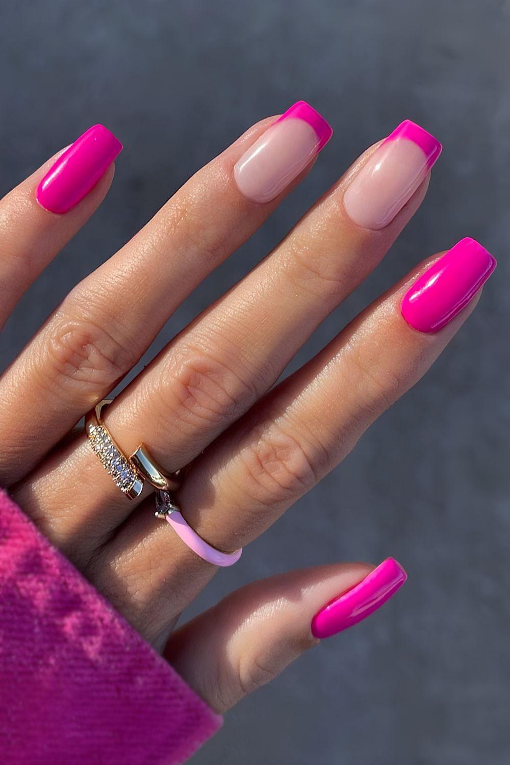 Hot pink nails with accent French tips