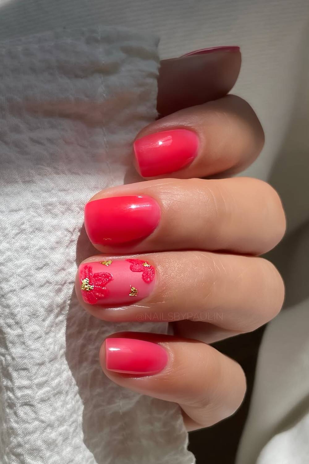 Jelly red nails with floral art