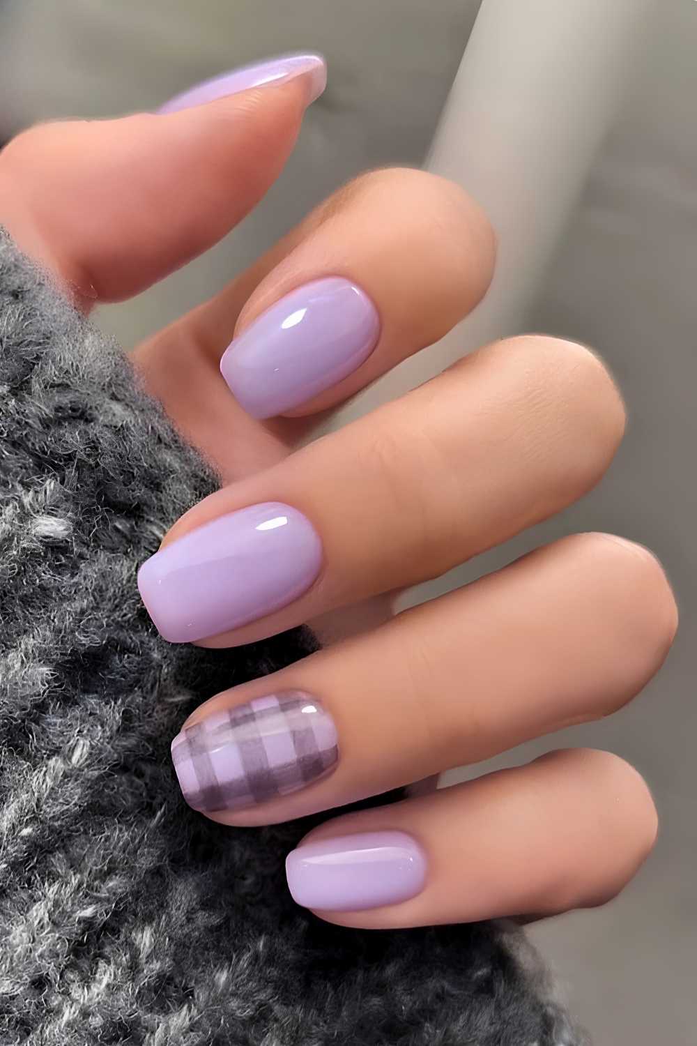 Lavender nails with gray plaid accent