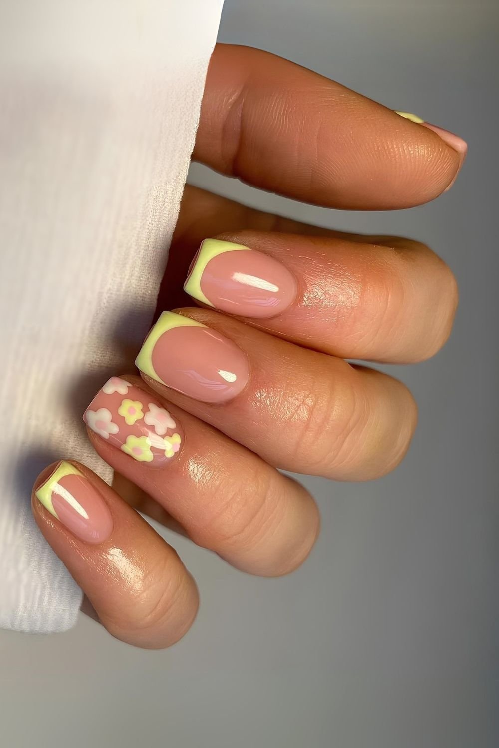 Lemon yellow french tips with retro flowers