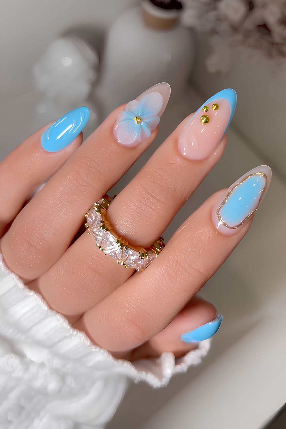 Light blue 3D floral nails