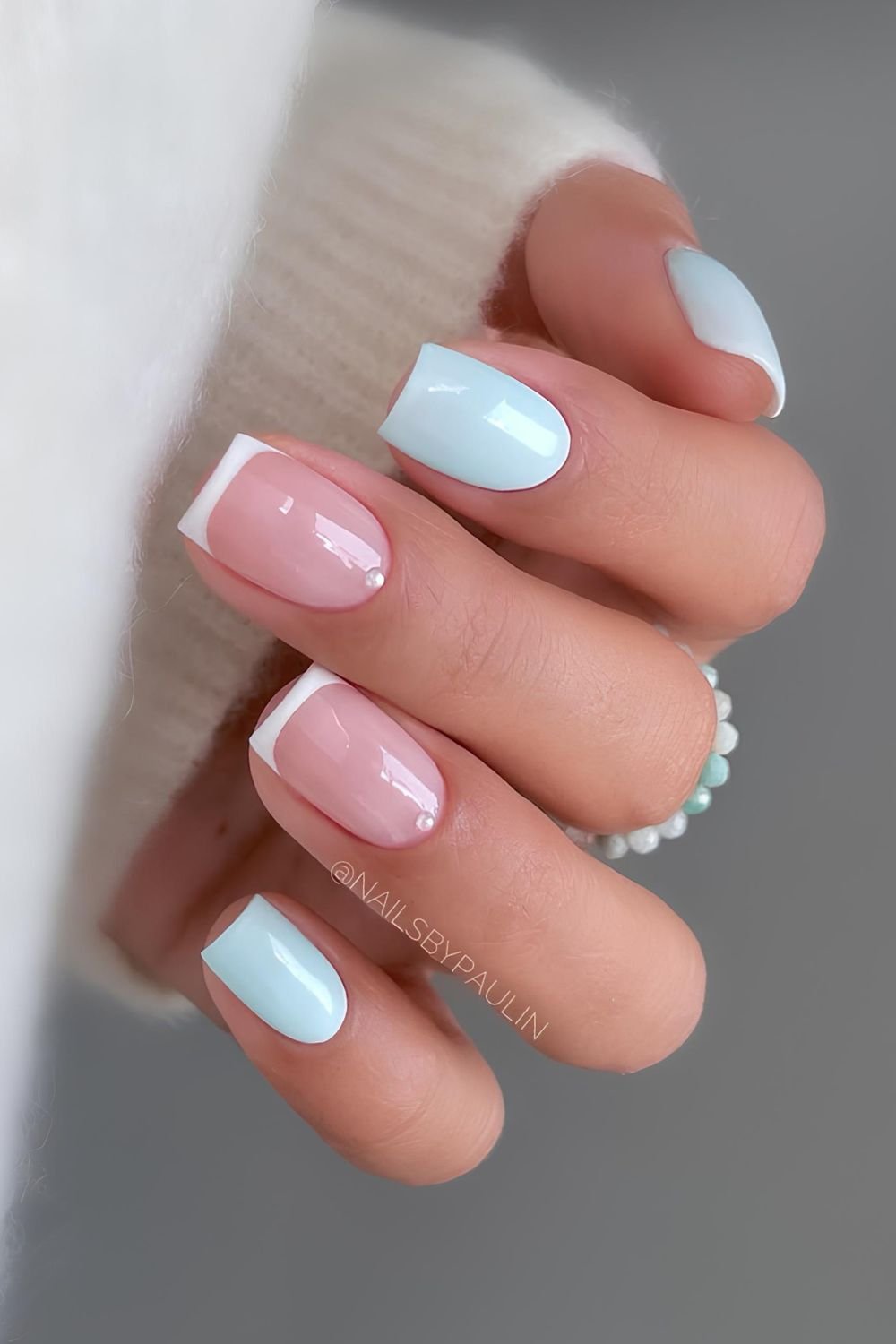 Light blue solid and classic French mix nails