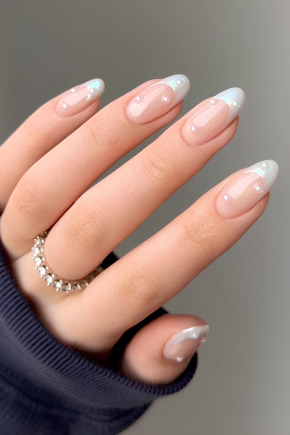 Light gray French mani with pearls