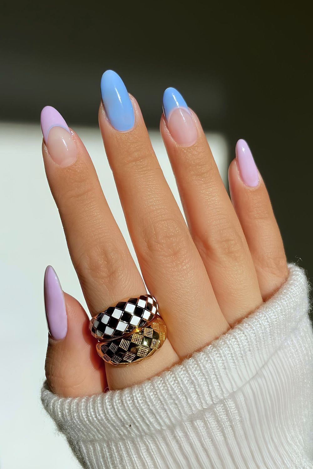 Light purple and blue French and solid mix nails