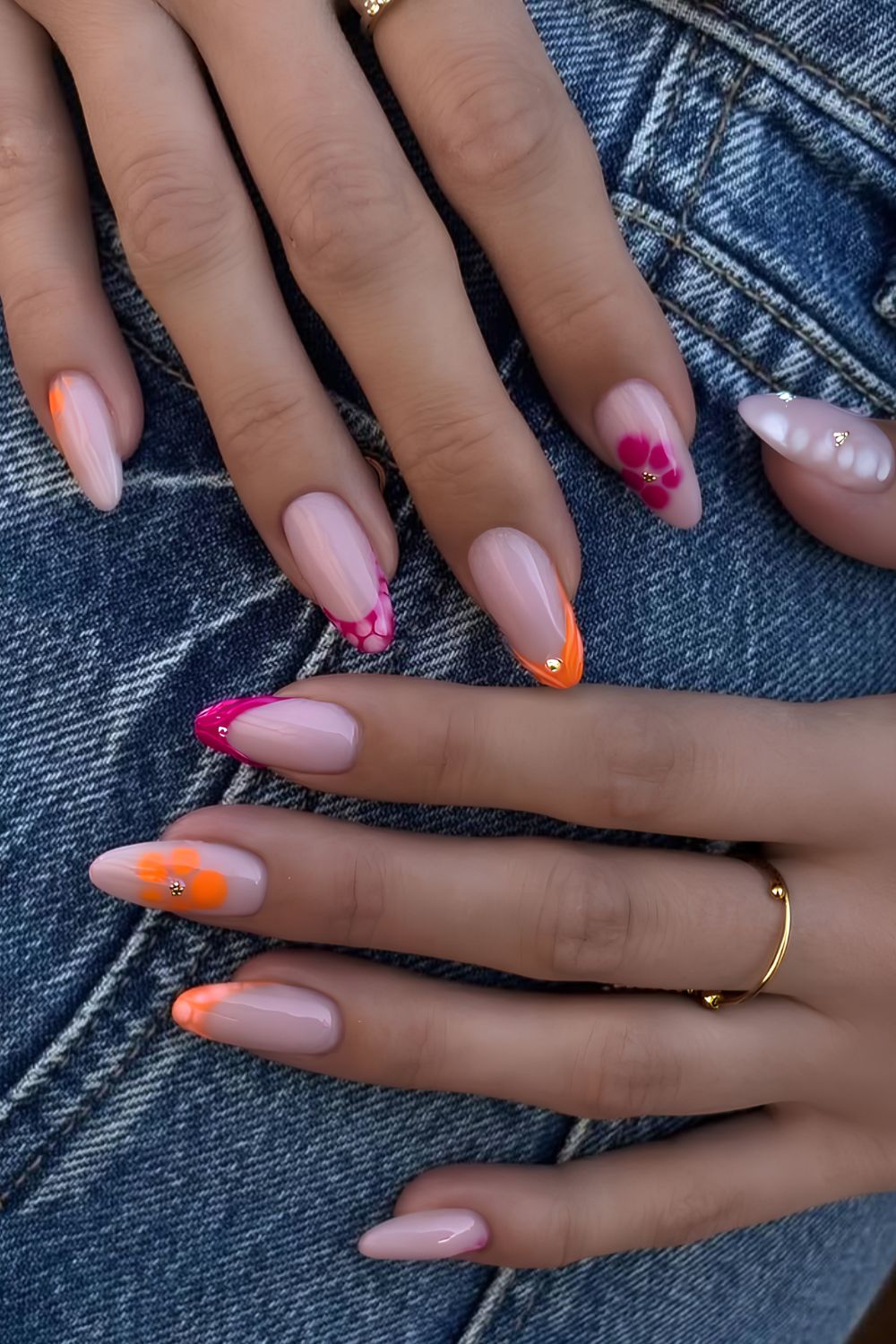 Magenta and orange French mani with blooming gel flowers
