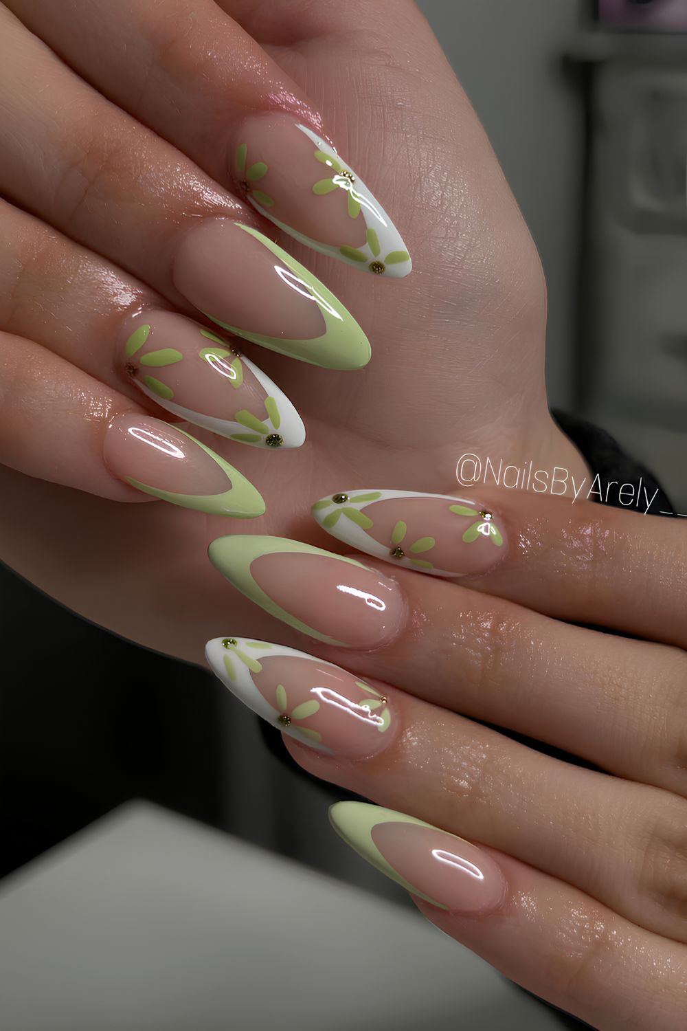 Matcha green and white floral French nails