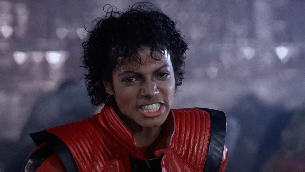 Michael Jackson wearing a red jacket in Thriller video