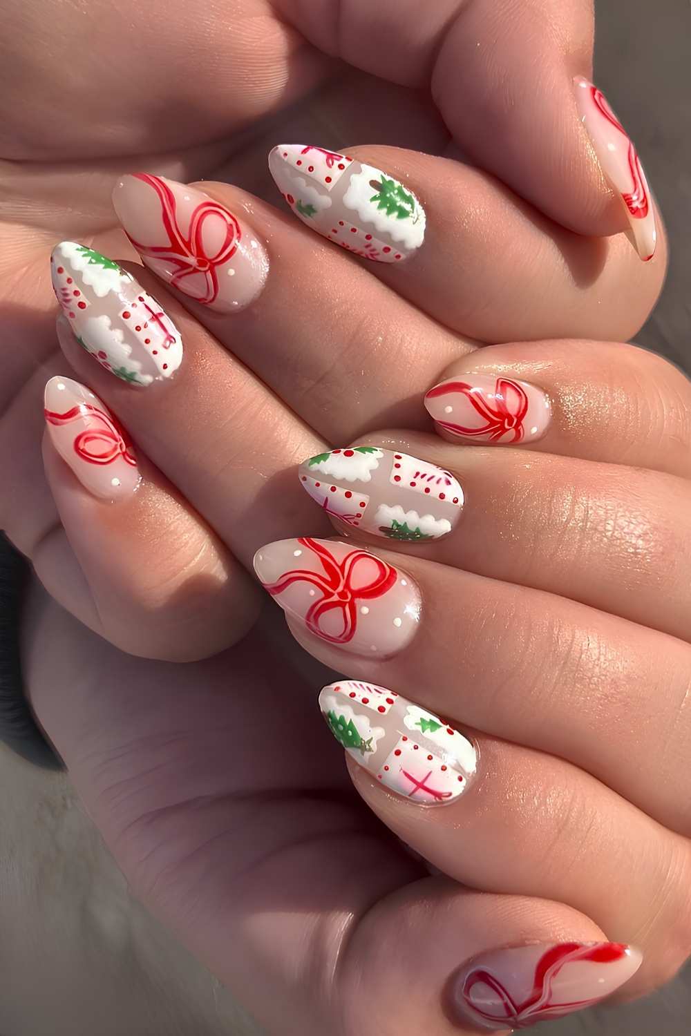 Milky Christmas nails with colorful stamp art