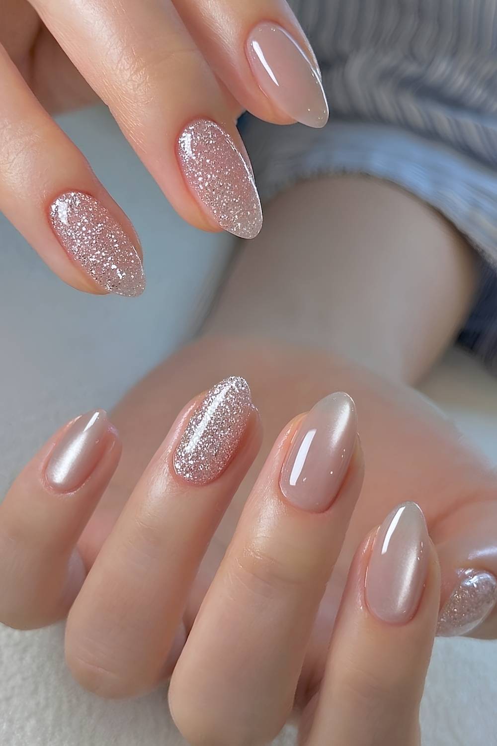Milky glass nails with glitter accents