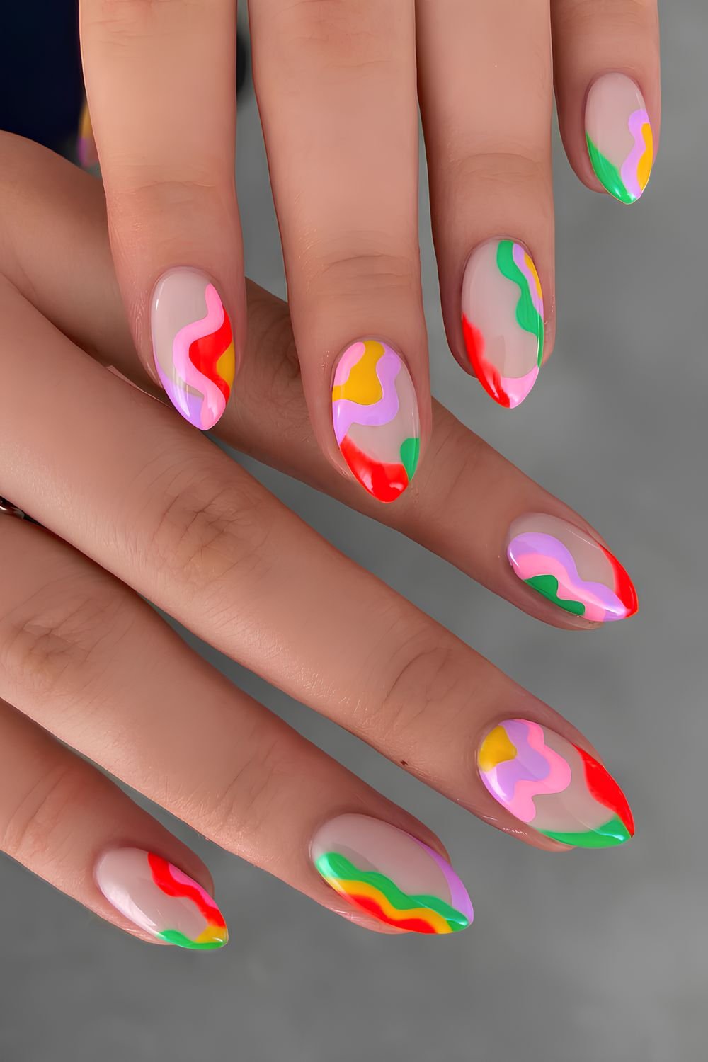 Milky nails with colorful swirls