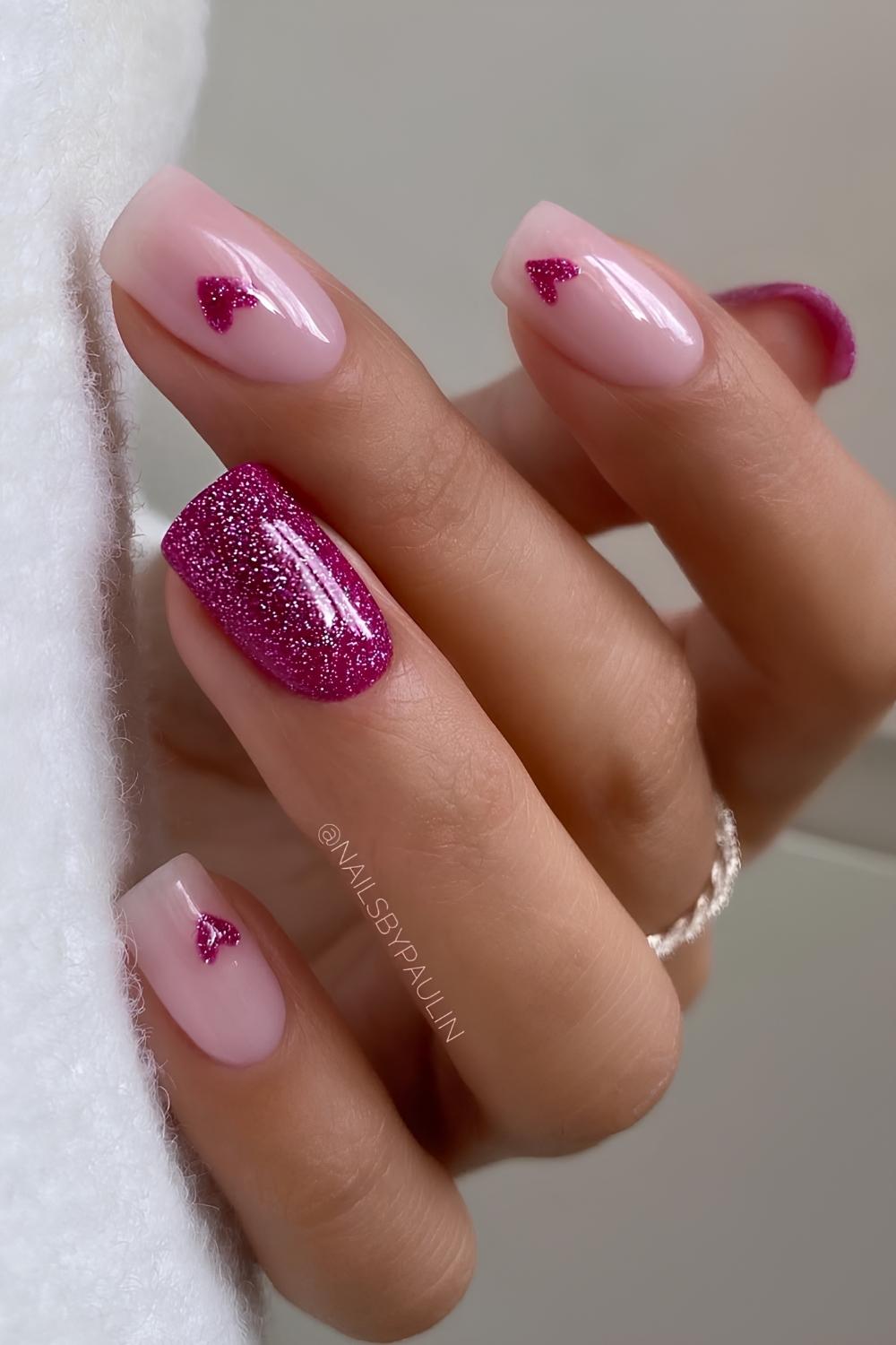 Milky nails with hot pink glitter and hearts