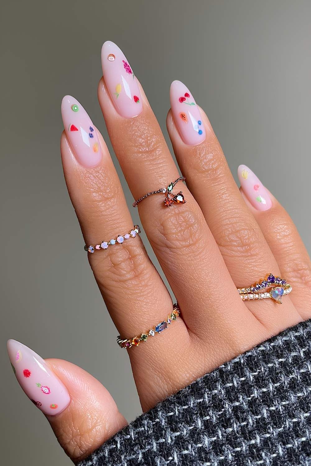 Milky nails with micro fruit art