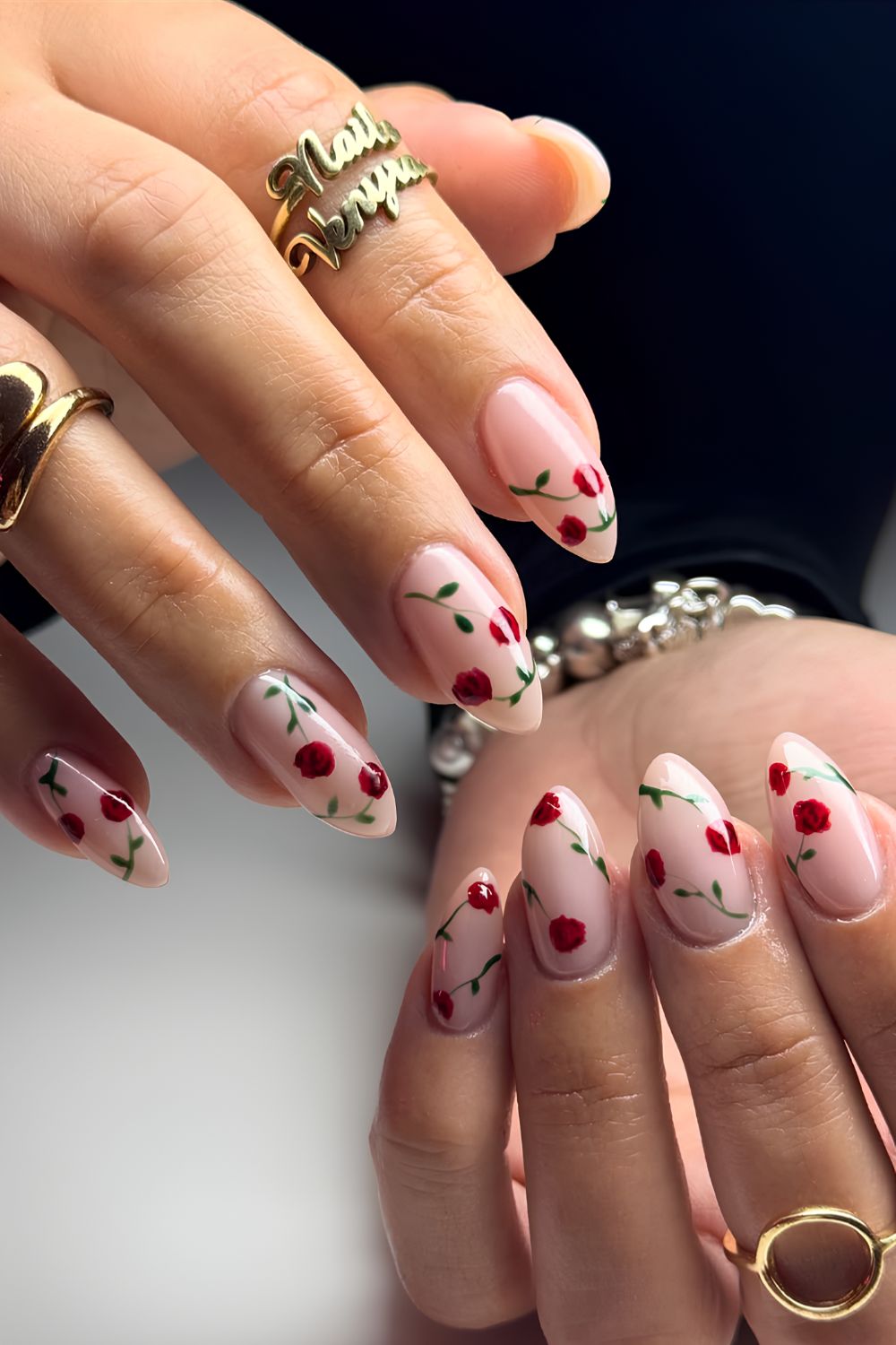Milky nails with red rose art