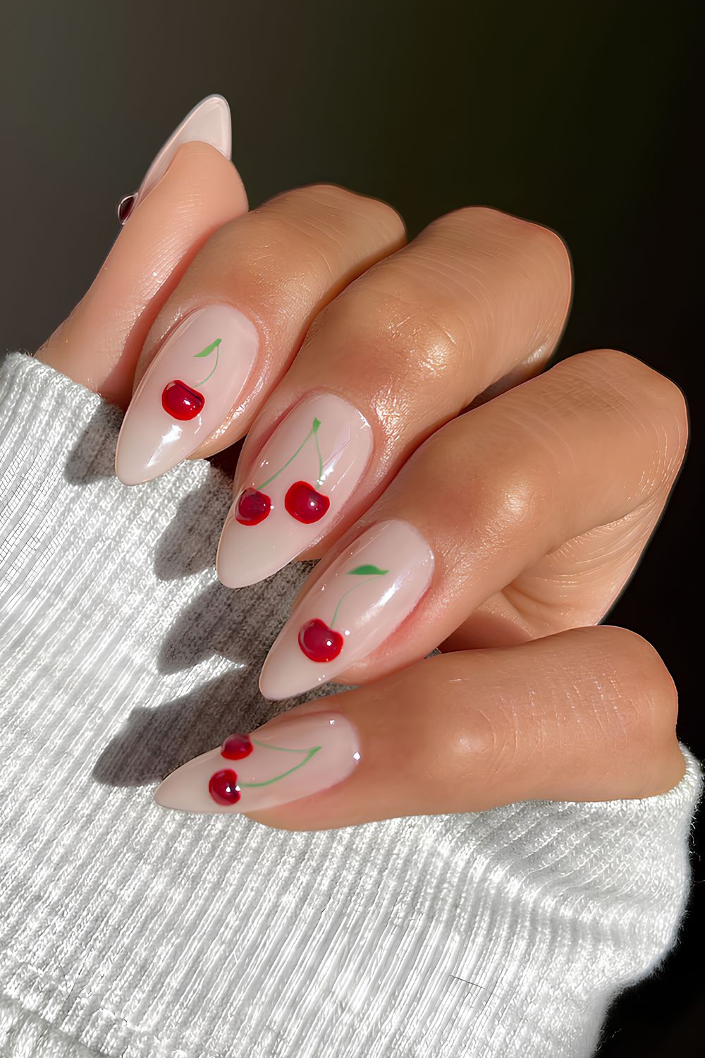 Milky white nails with cherry art
