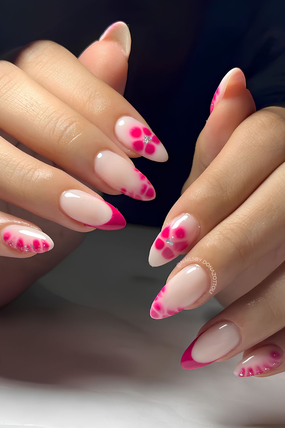 Milky white nails with hot pink flowers and animal print