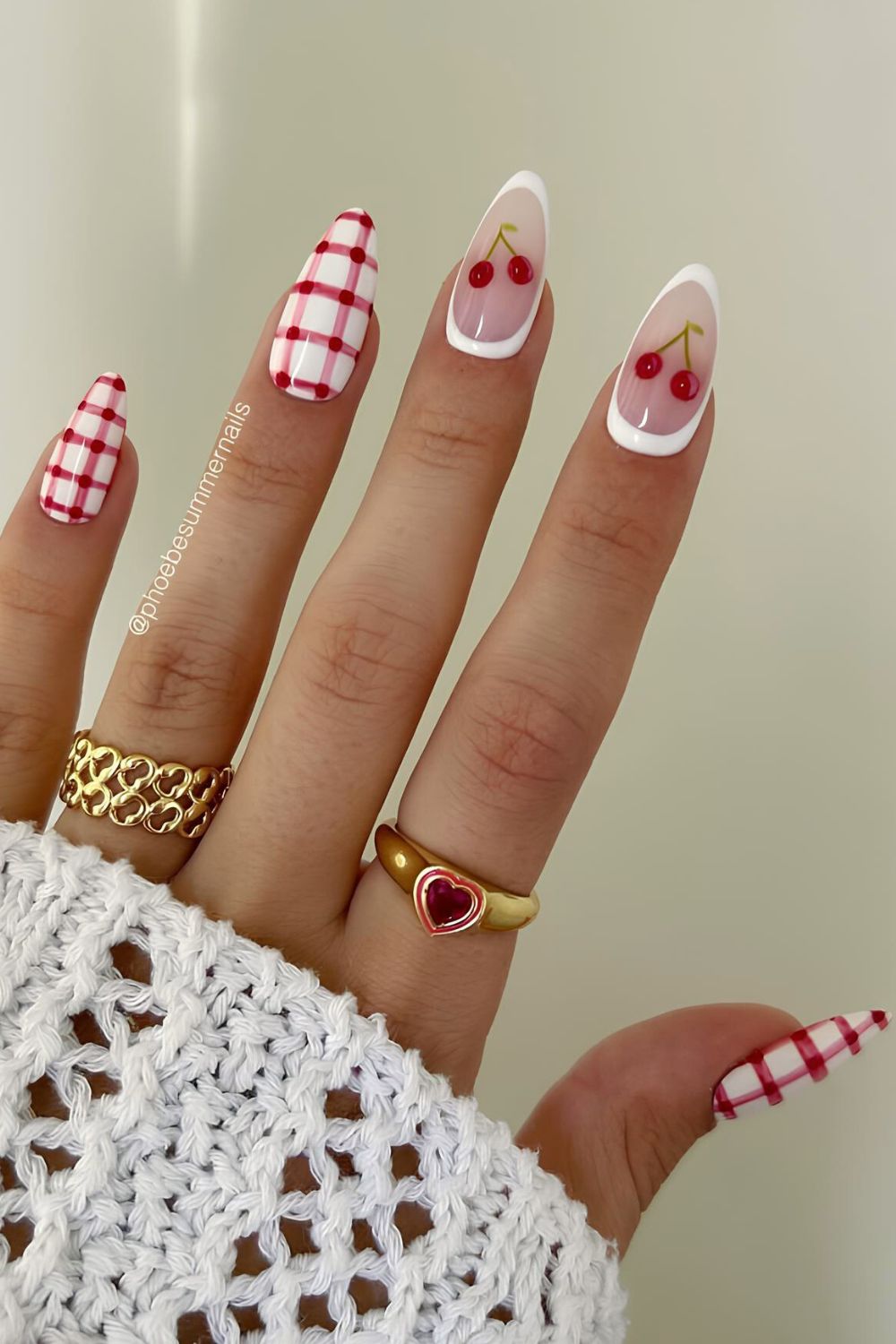 Milky white nails with pattern and cherries