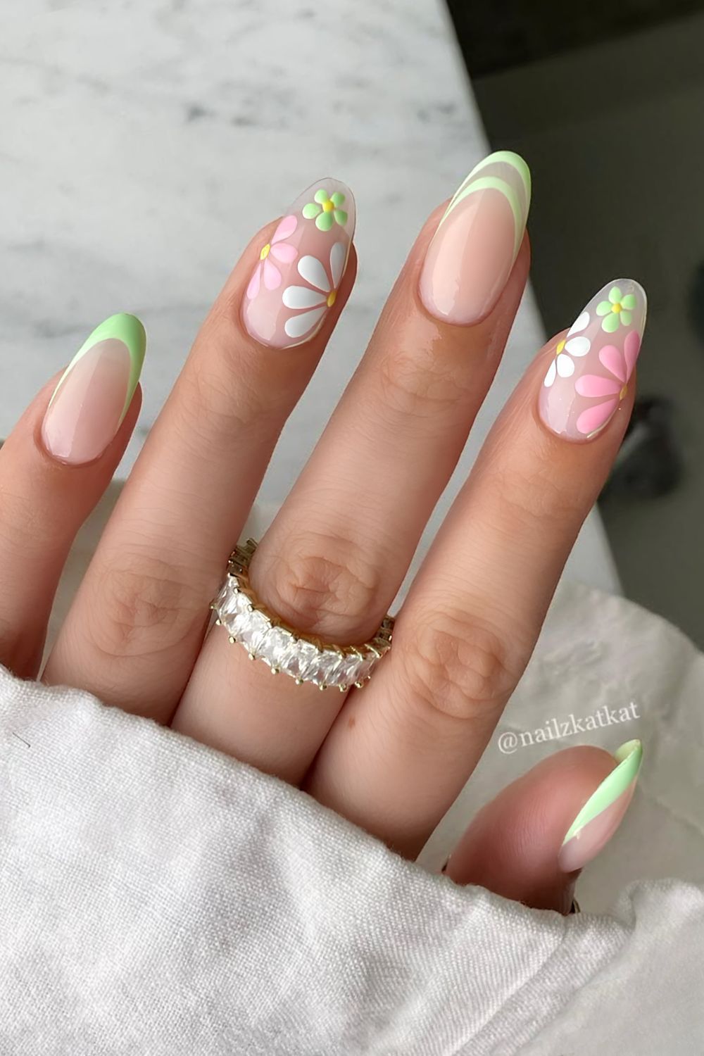 Mint green floral French nails