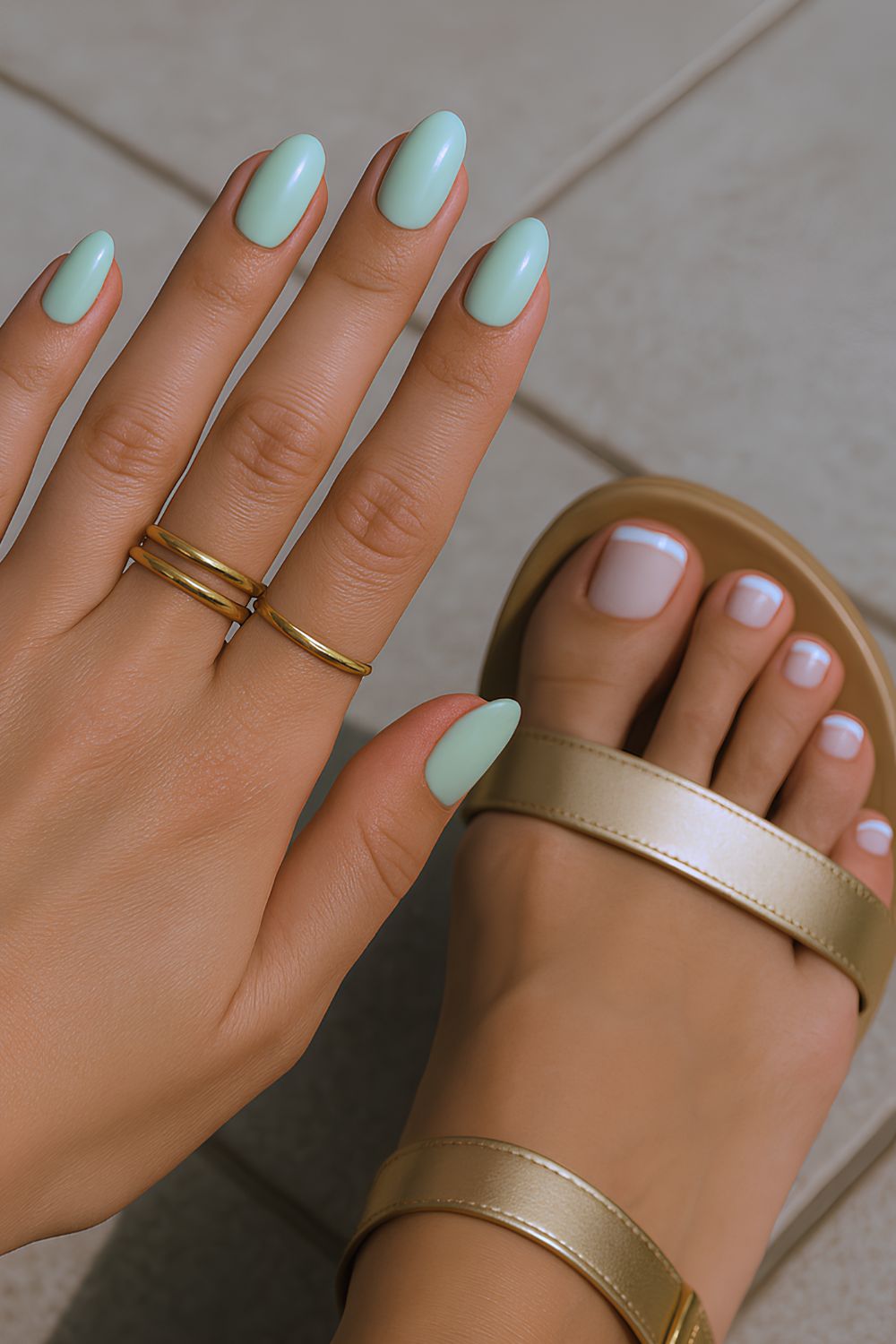 Mint green manicure and white French tip pedicure