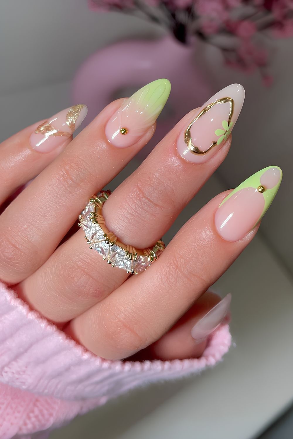 Mint green nails with flowers and gold details