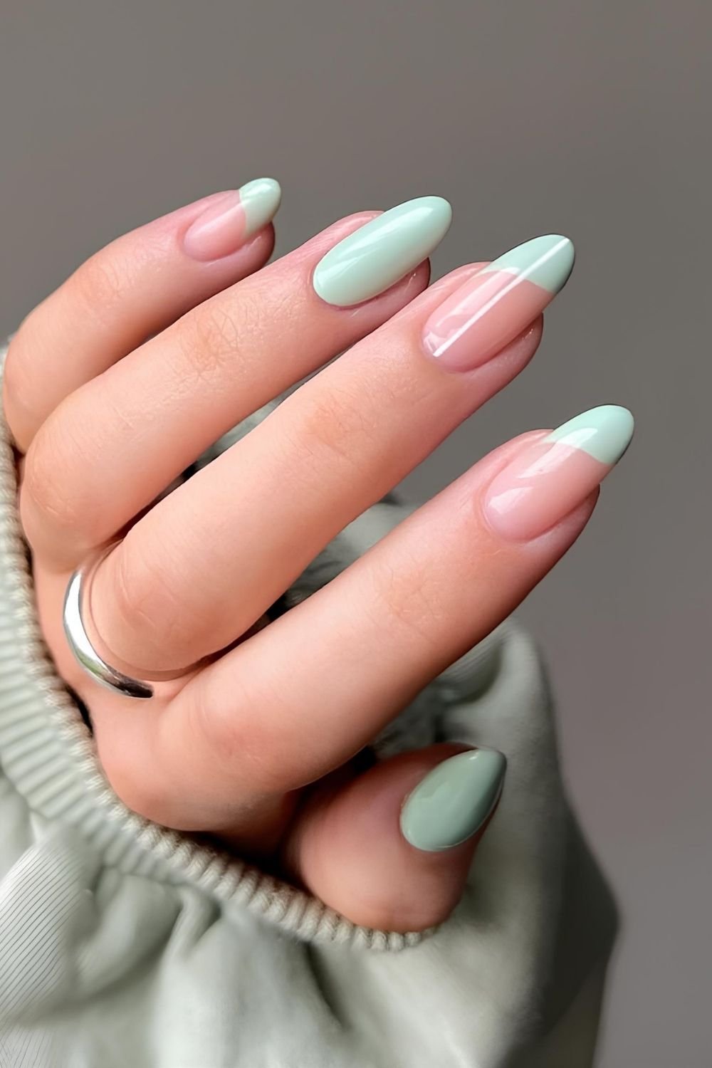 Mint green nails with side tip accents