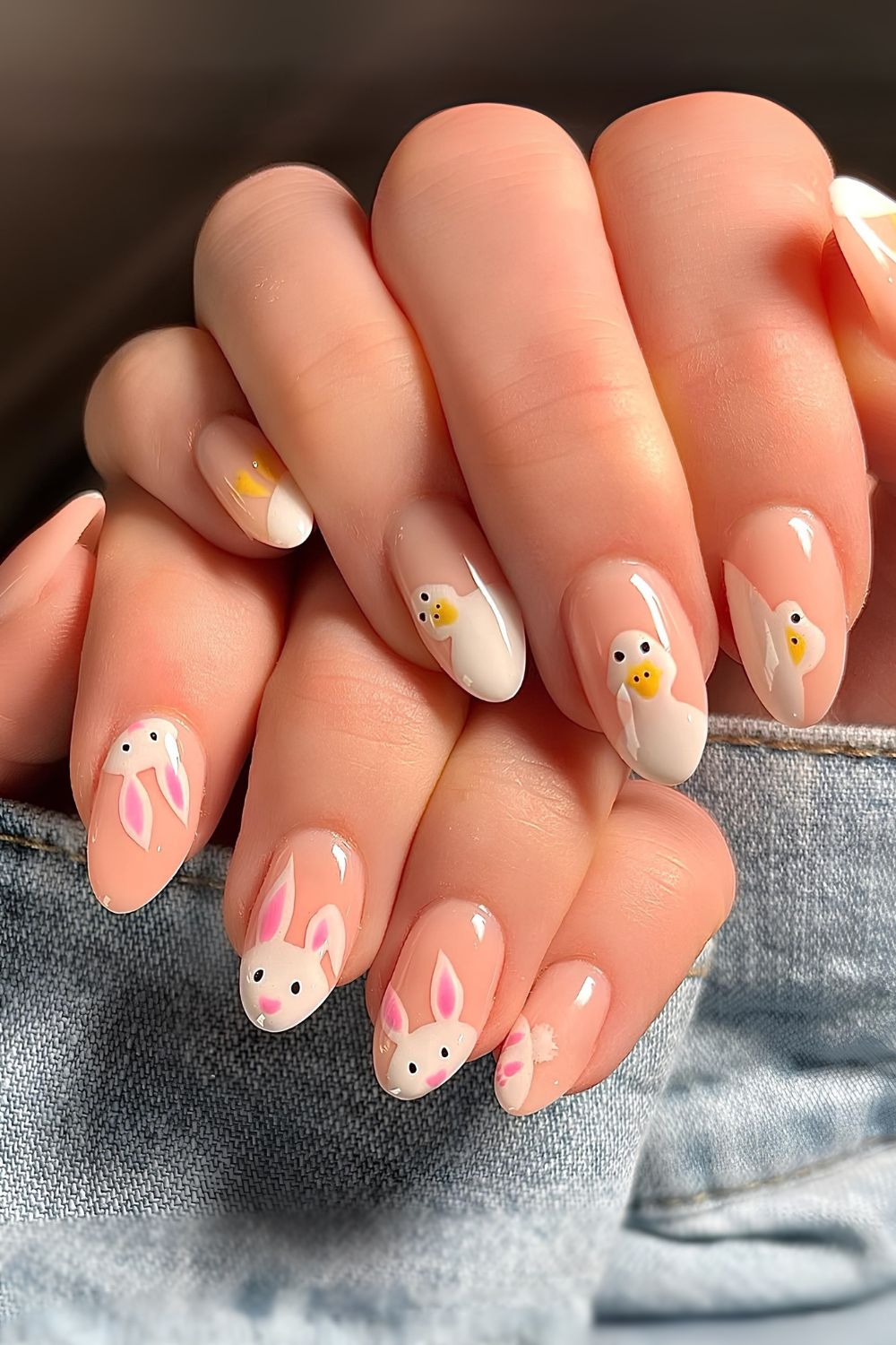Mismatched mani with ducks and bunnies