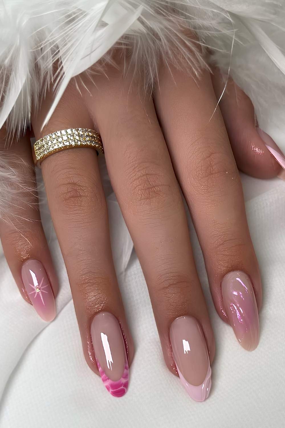 Mismatched pink French mani with 3d accents