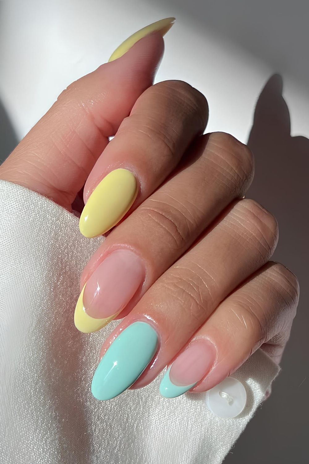 Moonstoon blue and lemon yellow French and solid mix nails