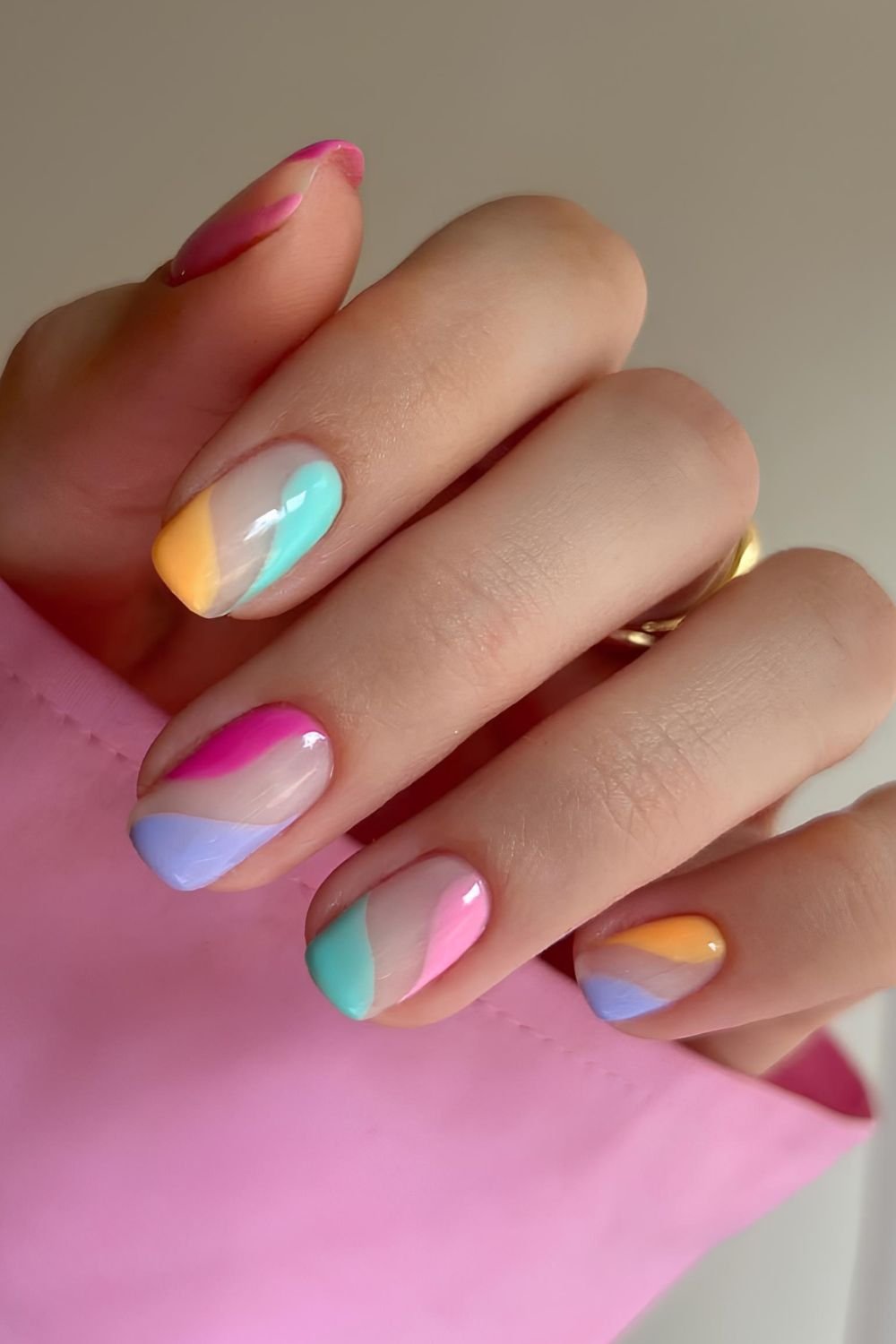 Natural based nails with colorful diagonal blocks