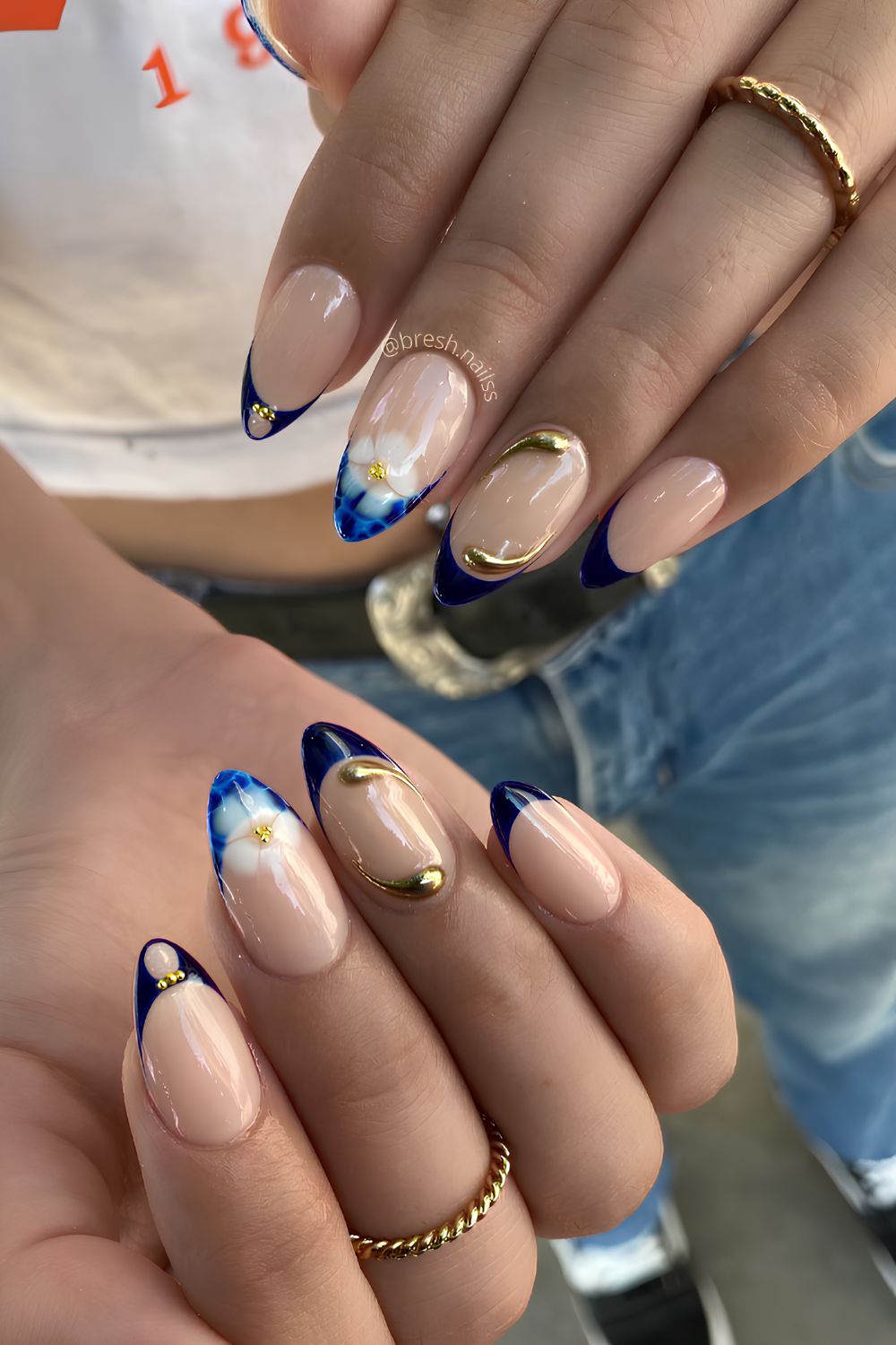 Navy blue mix and match French nails