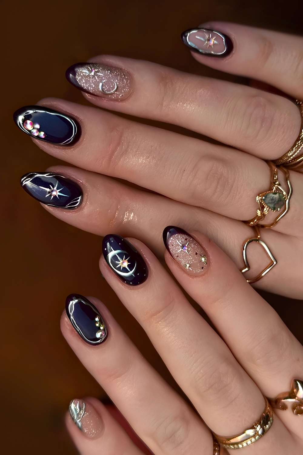 Navy blue nails with silver star and moon art