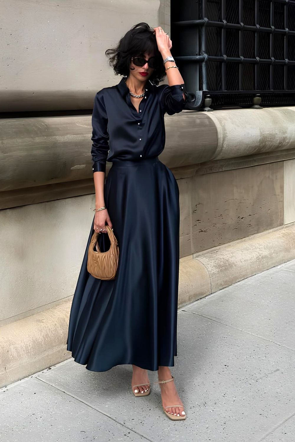 Navy blue silk skirt paired with matching shirt