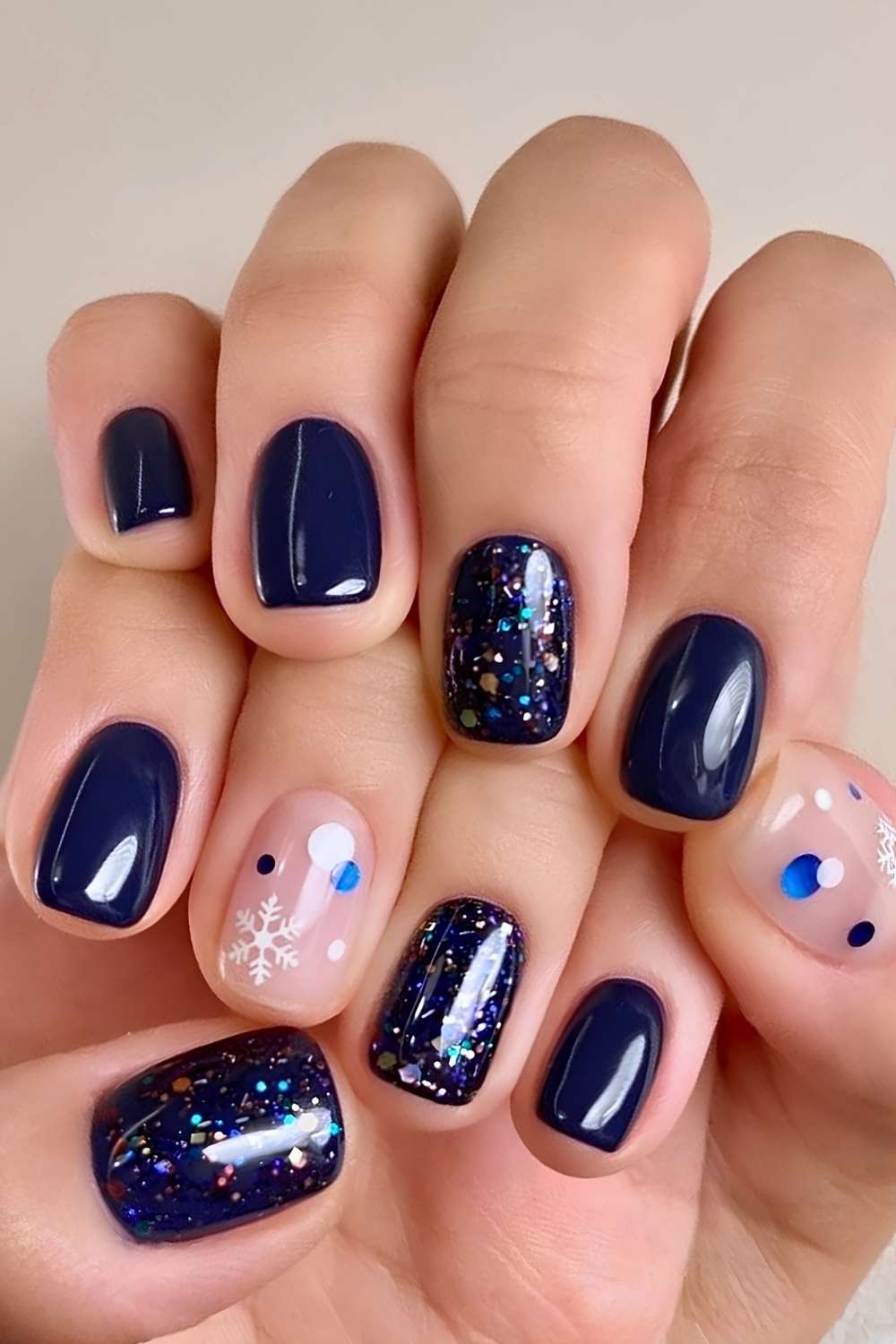 Navy blue winter mani with glitter and snowflakes