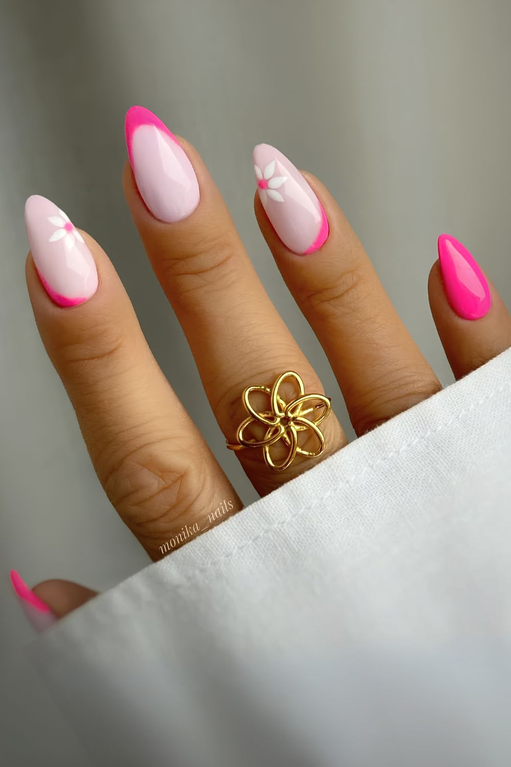 Neon pink and white floral manicure