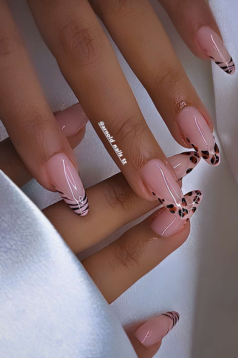 Neutral French mani with zebra and leopard print