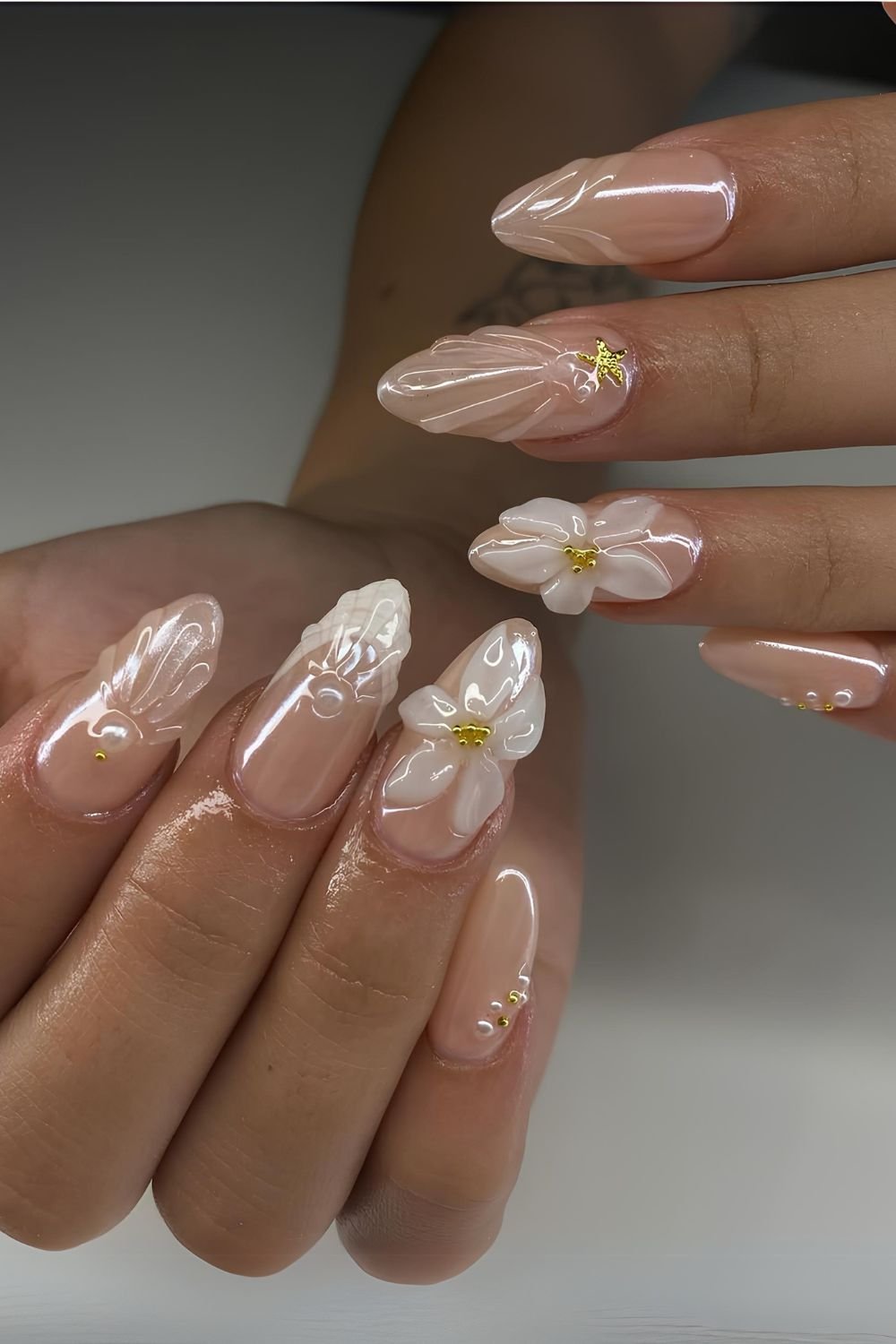 Neutral chrome 3D floral nails