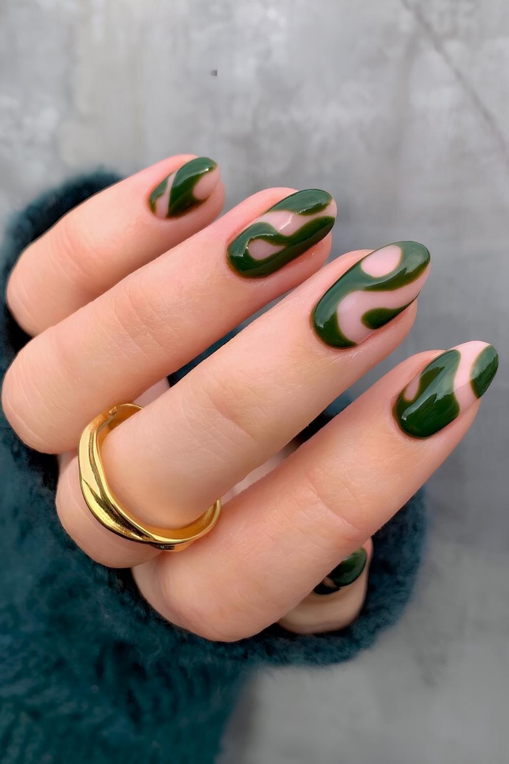 Neutral mani with abstract green swirls