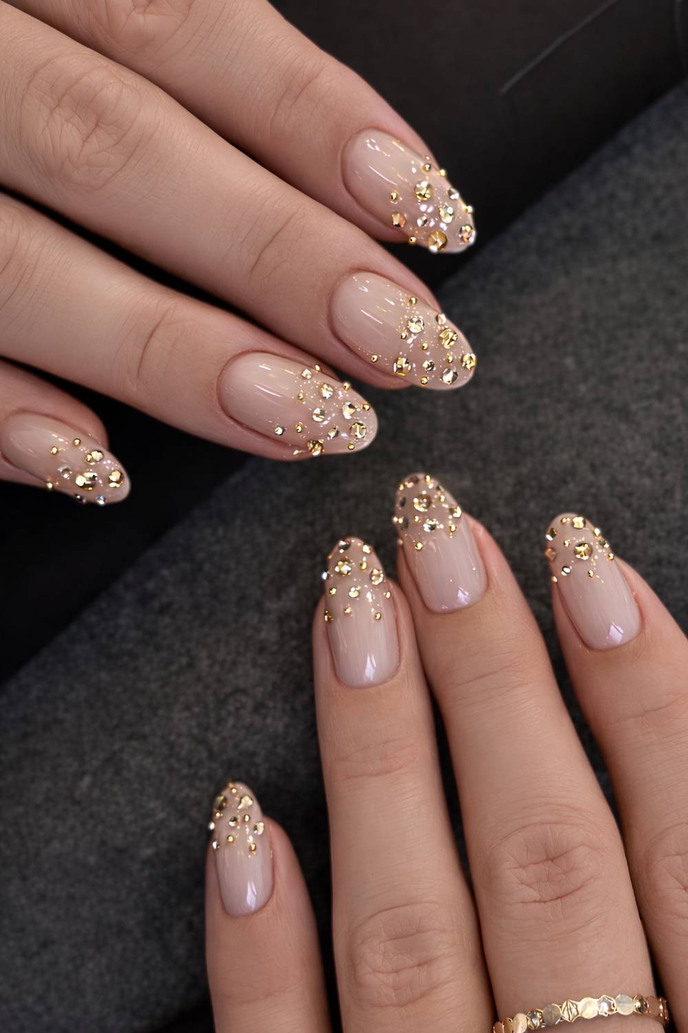Neutral mani with gold rhinestone ombre