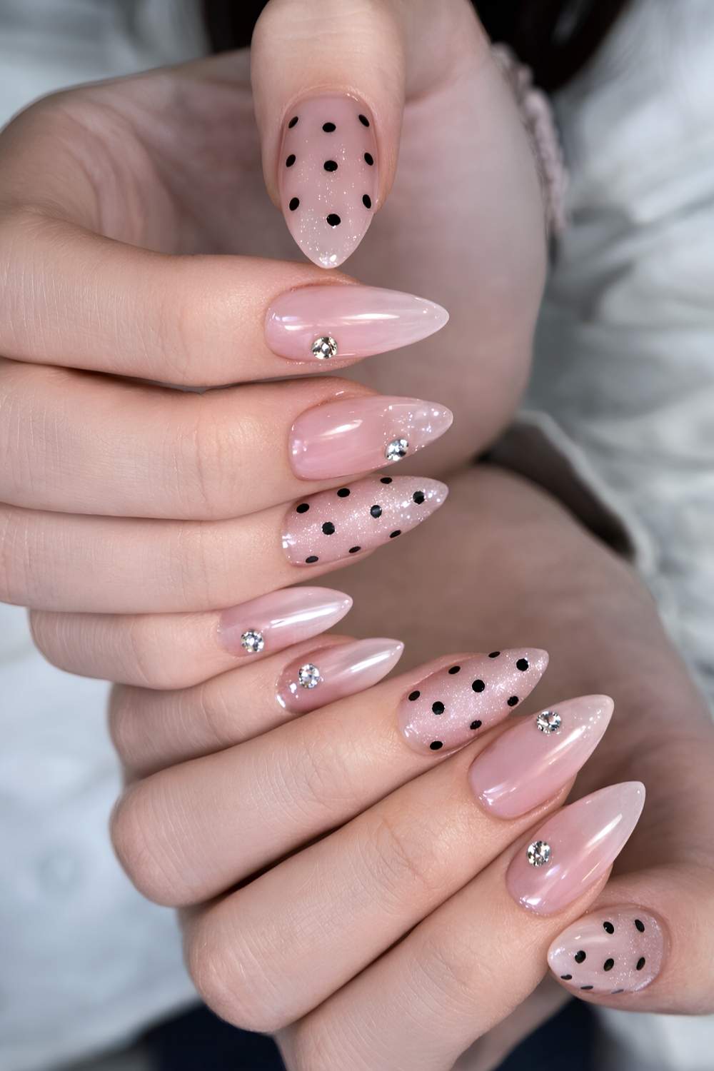 Neutral mani with polka dots and crystals