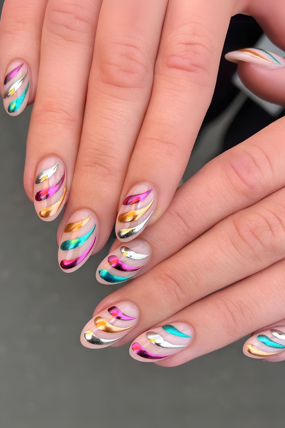 Neutral nails with chrome brush stroke lines