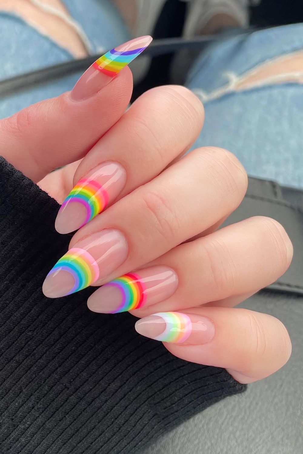Neutral nails with rainbow nail art