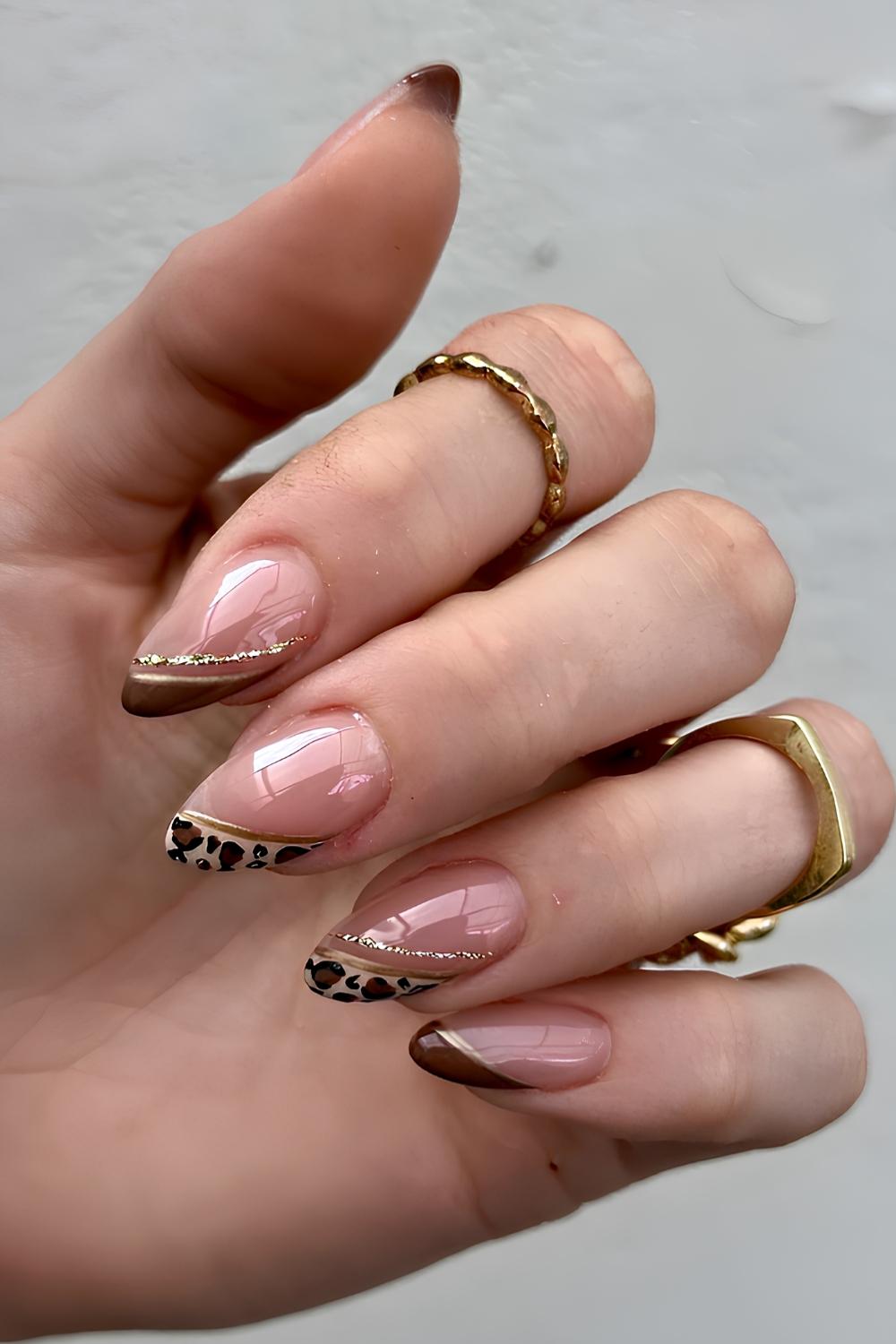 Neutral side French mani with leopard print