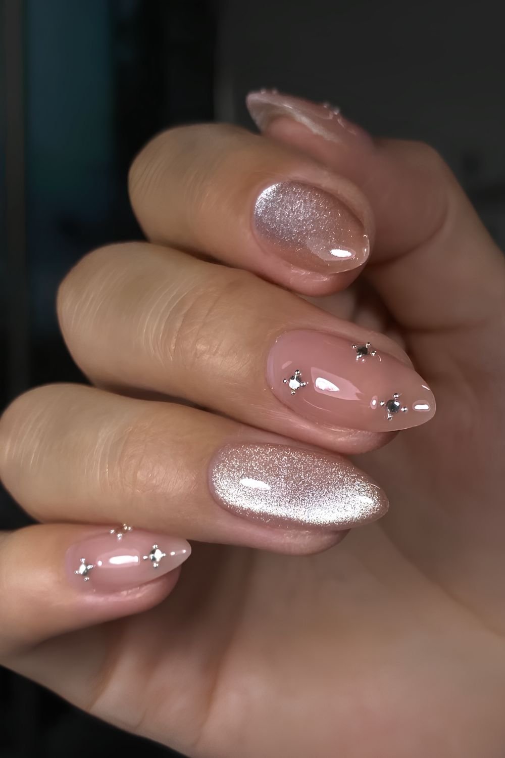 Neutral velvet nails with rhinestones