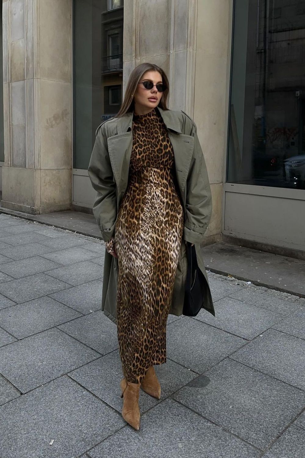 Olive Coat and Leopard Dress