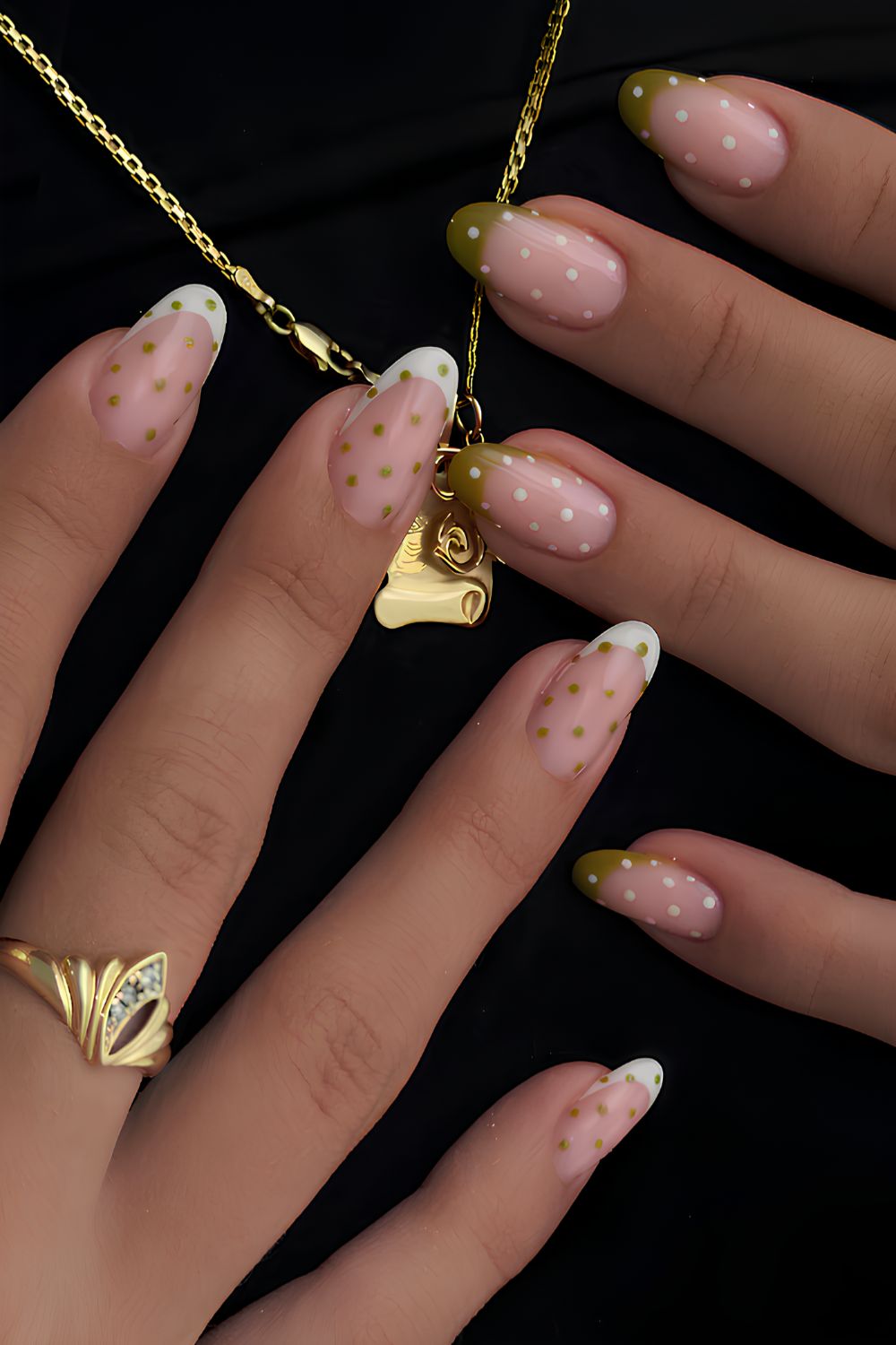 Olive and white french mani with polka dots