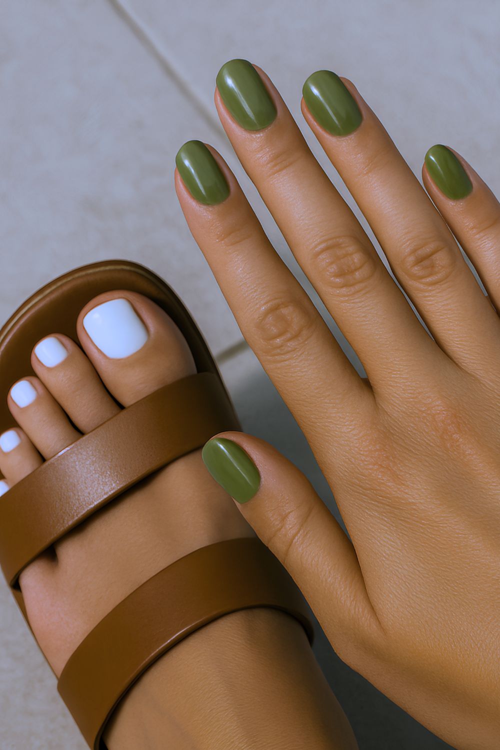 Olive green manicure and white pedicure